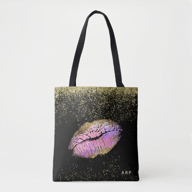 Bolsa Tote *~* Lábios Dourados cor-de-rosa Dourados com brilh (Frente)