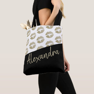 Bolsa Tote Lábios Dourados Pretos - Padrão de Beijo Moderno P