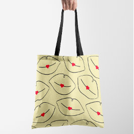 Bolsa Tote Lábios e Corações em Arte de Linha Retro Amarelo S