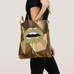 Bolsa Tote Lábios Luxuosos Dourados com Brilho Glam Glitter G