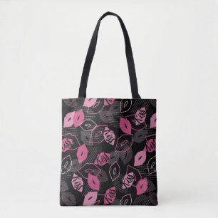 Bolsa Tote Lábios Rosa Beijando Padrão Negro Ver