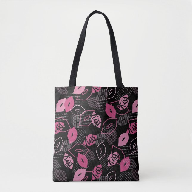 Bolsa Tote Lábios Rosa Beijando Padrão Negro Ver (Frente)