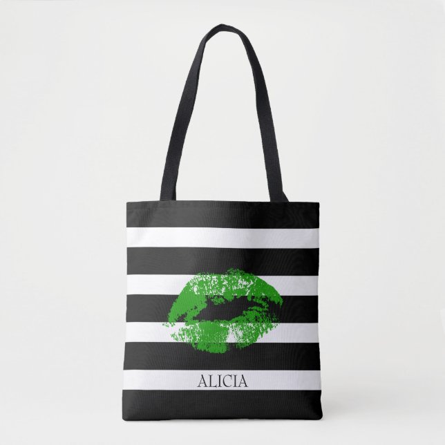 Bolsa Tote Lábios Verdes Monogramas E Banhas Brancas Pretas (Frente)