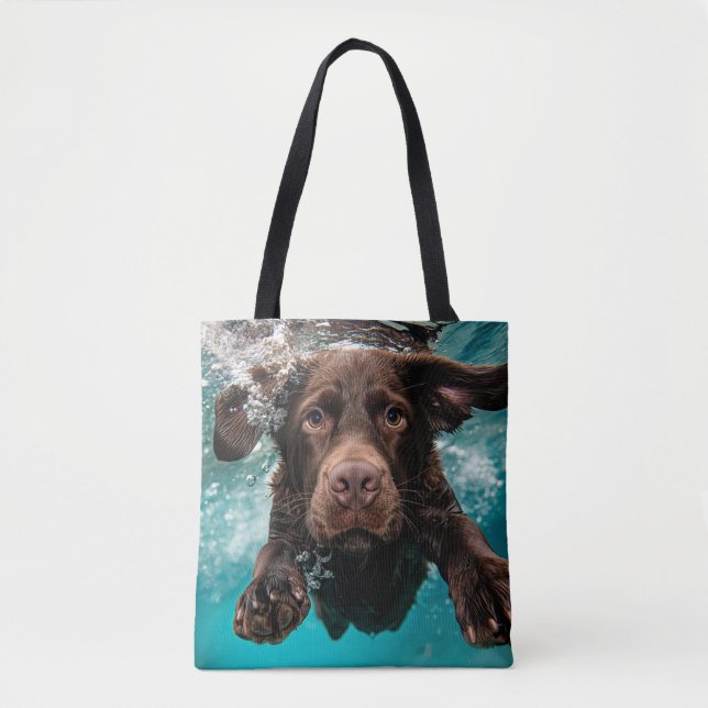 Bolsa Tote Labrador Chocolate Brincalhão Nadando Submerso (Frente)