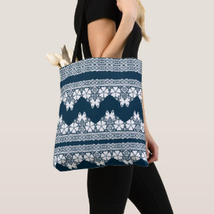 Bolsa Tote Lace branco retrô com borboletas em azul escuro b