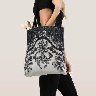 Bolsa Tote lace preto de rhinestone branco vintage glamour