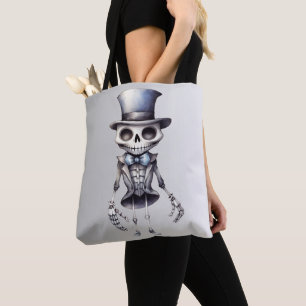 Bolsa Tote Laço de Esqueleto Fofo Chapéu Alto Prata Halloween