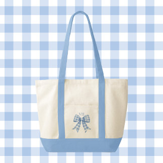 Bolsa Tote Lacre de Xadrez Azul Gingham com Corte de Contrast