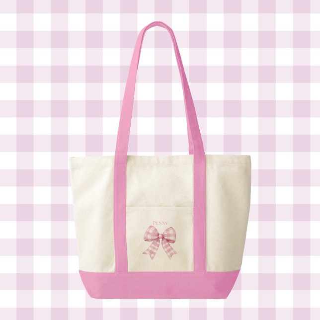 Bolsa Tote Lacre de Xadrez Gingham Rosa Coquette Contraste (pink gingham check monogram tote bag)