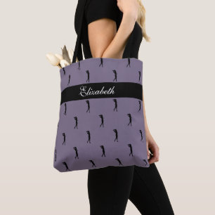 Bolsa Tote Lady Golfer - Padrão de nome personalizado Roxo Pr