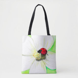 Bolsa Tote Ladybird em pintura de flor branca