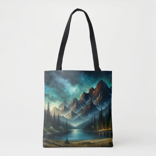 Bolsa Tote Lago de montanha/cabine sob as estrelas (Frente)