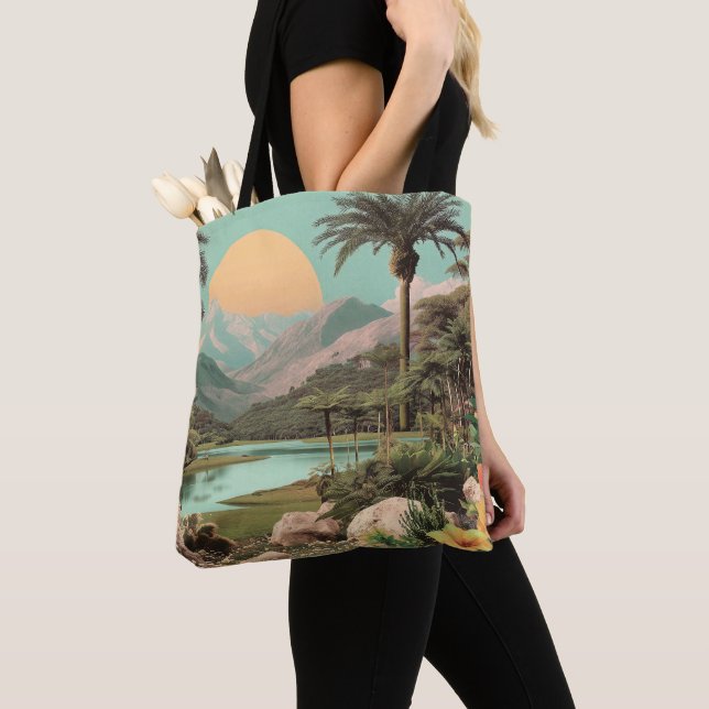 Bolsa Tote Lago Tropical Surreal Com Palmeiras (Close Up)