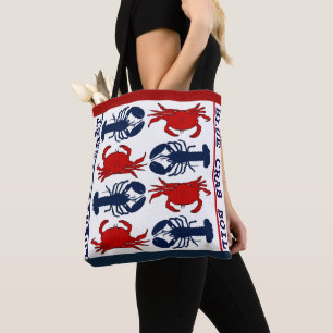 Bolsa Tote Lagosta Caranguejo Vermelho Azul Pano Azul Saco