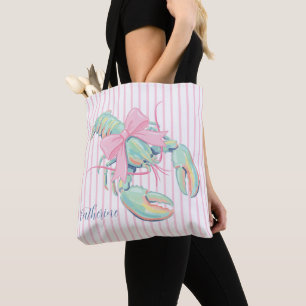 Bolsa Tote Lagosta em Listras em Aquarela Pastel Elegante
