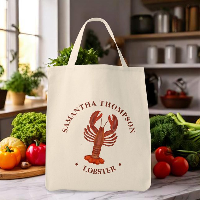 Bolsa Tote Lagosta Vermelha Mínima Náutica Simples (Red Lobster simple grocery bag.)