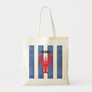 Bolsa Tote Lagosta Vermelha nas tiras de Denim Azul e Branca