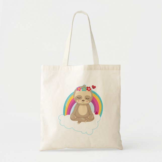 Bolsa Tote Lama Meditante Bonita com Arco-Íris (Frente)