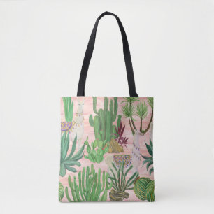 Bolsa Tote Lamas de aquarelas e cactos.