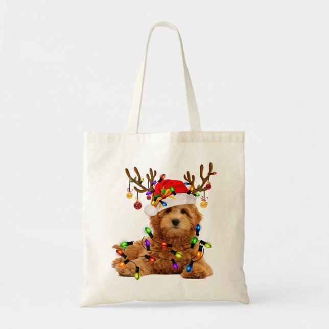Bolsa Tote Lâmpadas de natal de Cristmas de Goldendoodle (Frente)