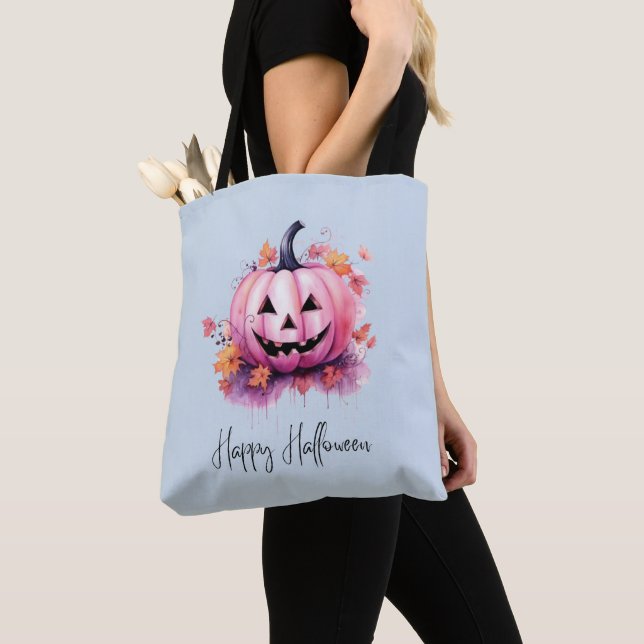 Bolsa Tote Lanterna Azul Rosa Jack-O' Luz Halloween (Close Up)