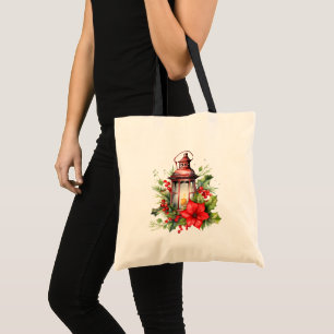 Bolsa Tote Lanterna de Natal Vermelho Poinsettia e Pinheiro