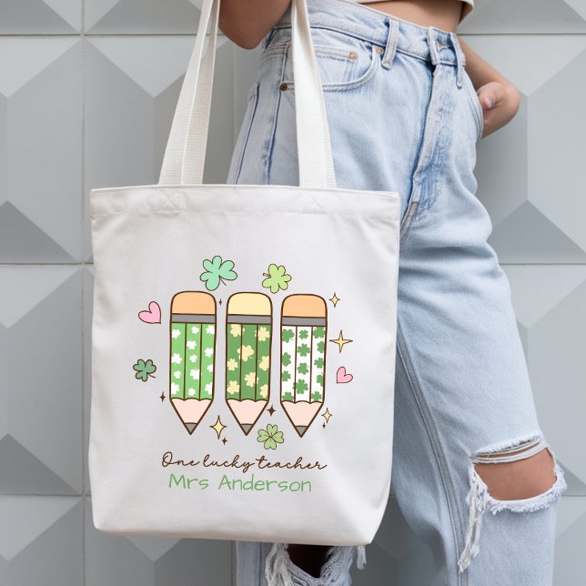 Bolsa Tote Lápis de Professora Sortuda Retro Fofo Personaliza (Criador carregado)