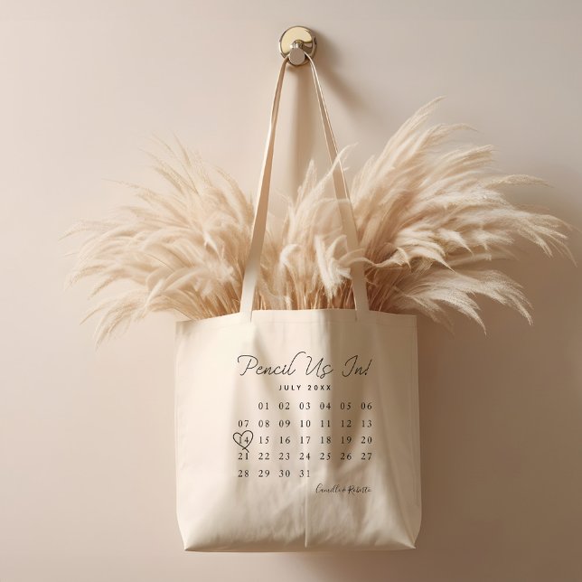 Bolsa Tote Lápis-Nos Em Um Calendário Mínimo Divertido Salve  (Pencil Us In Fun Minimal Calendar Save The Date Tote Bag)