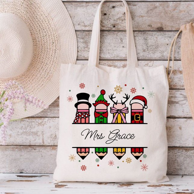 Bolsa Tote Lápis personalizado de nome do professor, presente (Personalized Teacher Name tote bag,Christian Christmas tote bag,Christmas tote bag,teacher gift )