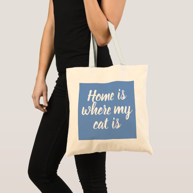 Bolsa Tote Lar É Onde Meu Gato Está Branco, Escrita Azul, Sac (Frente (produto))