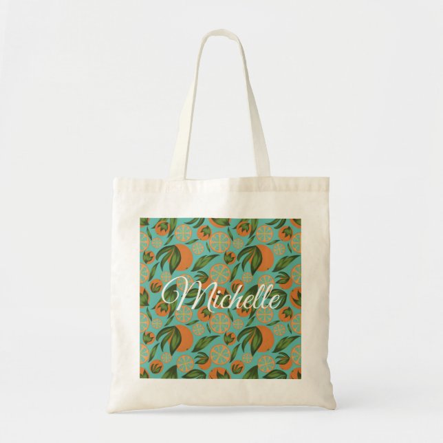 Bolsa Tote Laranja Aquarela Turquesa Botânica Personalizada (Frente)