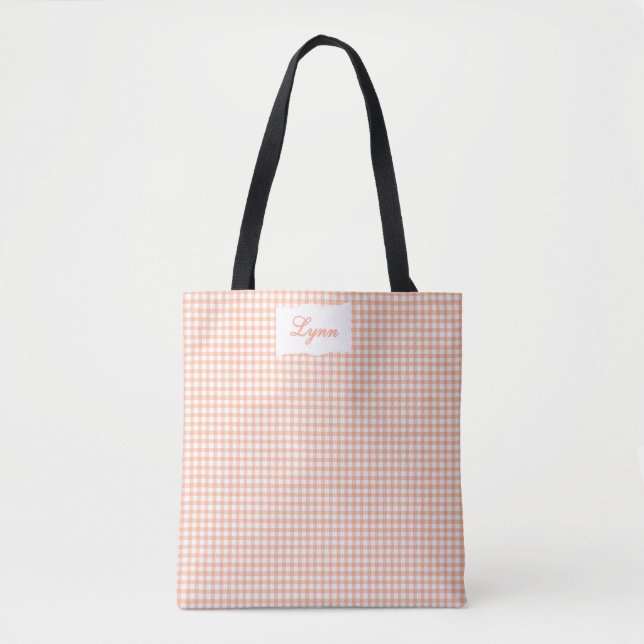 Bolsa Tote Laranja Clássico & Gingham Branco | Nome Personali (Frente)