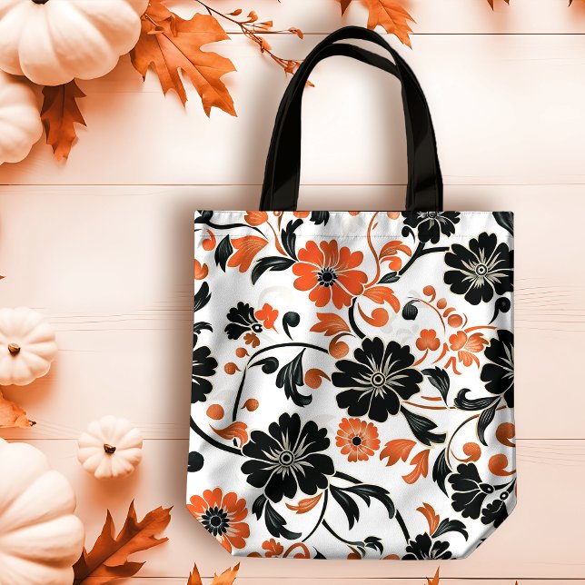 Bolsa Tote Laranja e Preto no Floral Branco (Criador carregado)