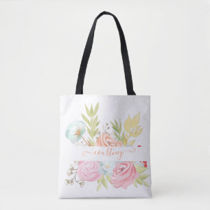 Bolsa Tote Laranja e rosa floral personalizado em aquarela