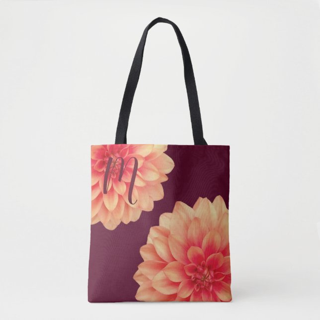 Bolsa Tote Laranja Elegante Flores de Dahlias Monograma de Bo (Frente)