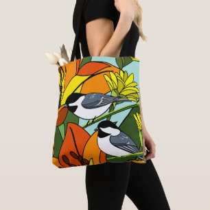 Bolsa Tote Laranja Floral Impressão e Chickadees