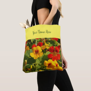 Bolsa Tote laranja, flores amarelas, seu próprio nome, nastu