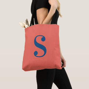 Bolsa Tote Laranja Mínimo com Monograma Azul de Grande Marinh