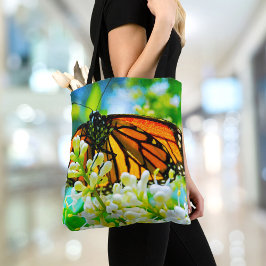 Bolsa Tote Laranja Monarca Borboleta Branca Flor Foto Negrito