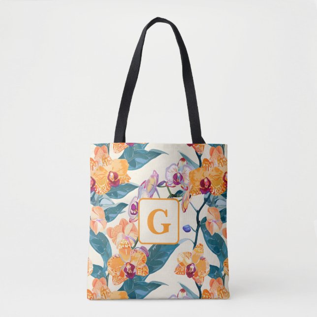 Bolsa Tote Laranja Orquídea monograma cobertor de velo (Frente)