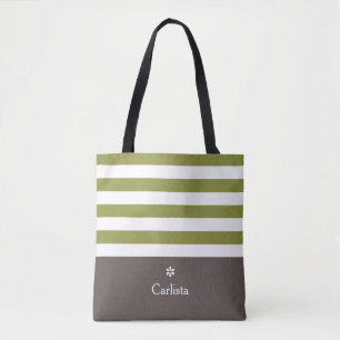 Bolsa Tote Largo Verde Horizontal Stripes Marrom Nome Marrom