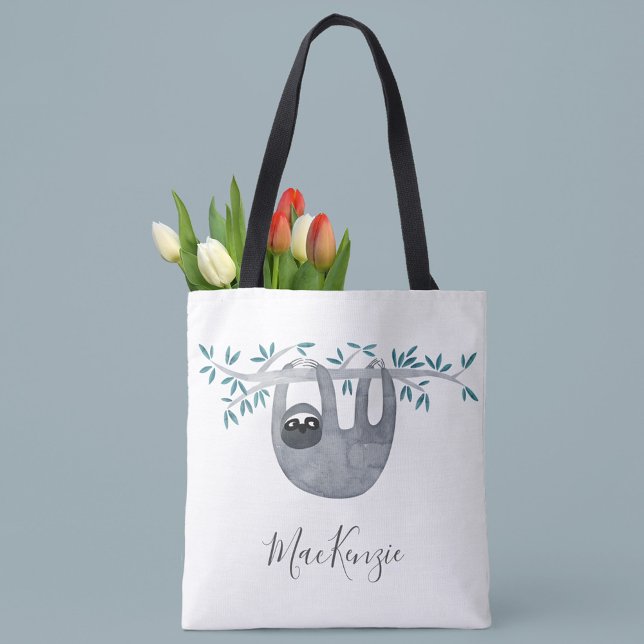 Bolsa Tote Largura de Boca Personalizada (Watercolor sloth personalized script name tote bag)