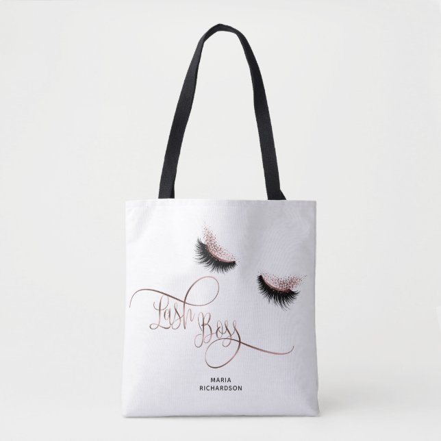 Bolsa Tote Lash Boss Makeup Eyebrow Olhos Lashes Rosa Dourado (Frente)