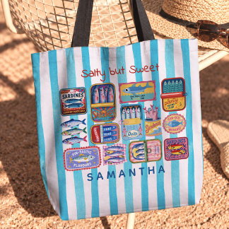 Bolsa Tote Latas de sardinha azuis listradas turquesa