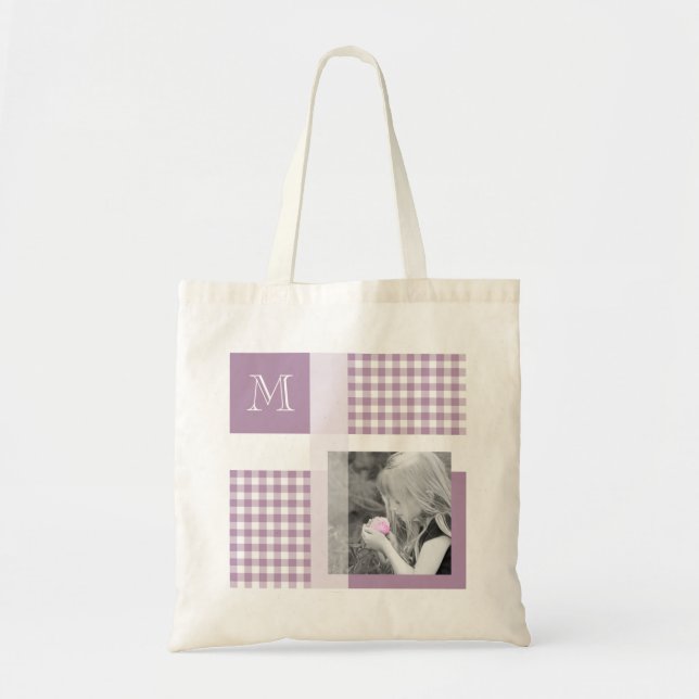 Bolsa Tote Lavanda Adicionar Sua Foto Gingham Modern Monogram (Frente)