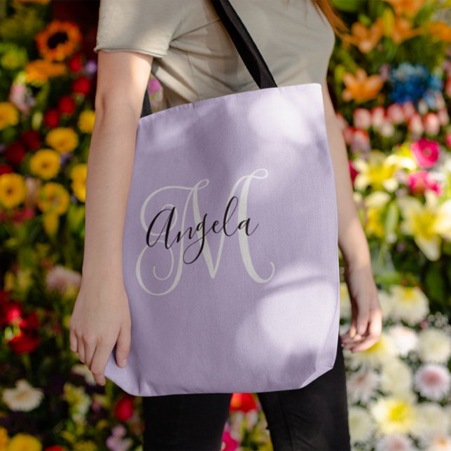 Bolsa Tote Lavanda Pálida Monograma de Script Elegante (Pale Lavender Elegant Script Monogram Tote Bag)