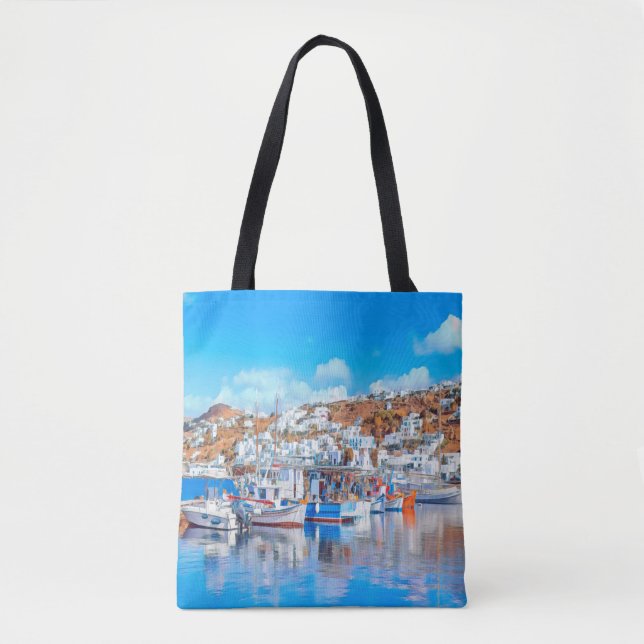 Bolsa Tote ldp MYKONOS - navios de pesca - porto - panorama (Frente)