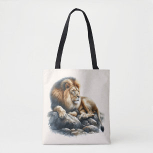 Bolsa Tote Leão Africano Real Descansando em uma Rocha - Aqua