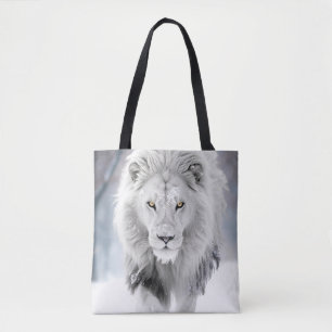 Bolsa Tote Leão Branco Majestoso no Design de Paisagem Invern