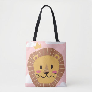 Bolsa Tote Leão Fofo Coroa Nuvens Rosa Safari